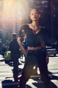 female model posing street sunlight city fashion photography