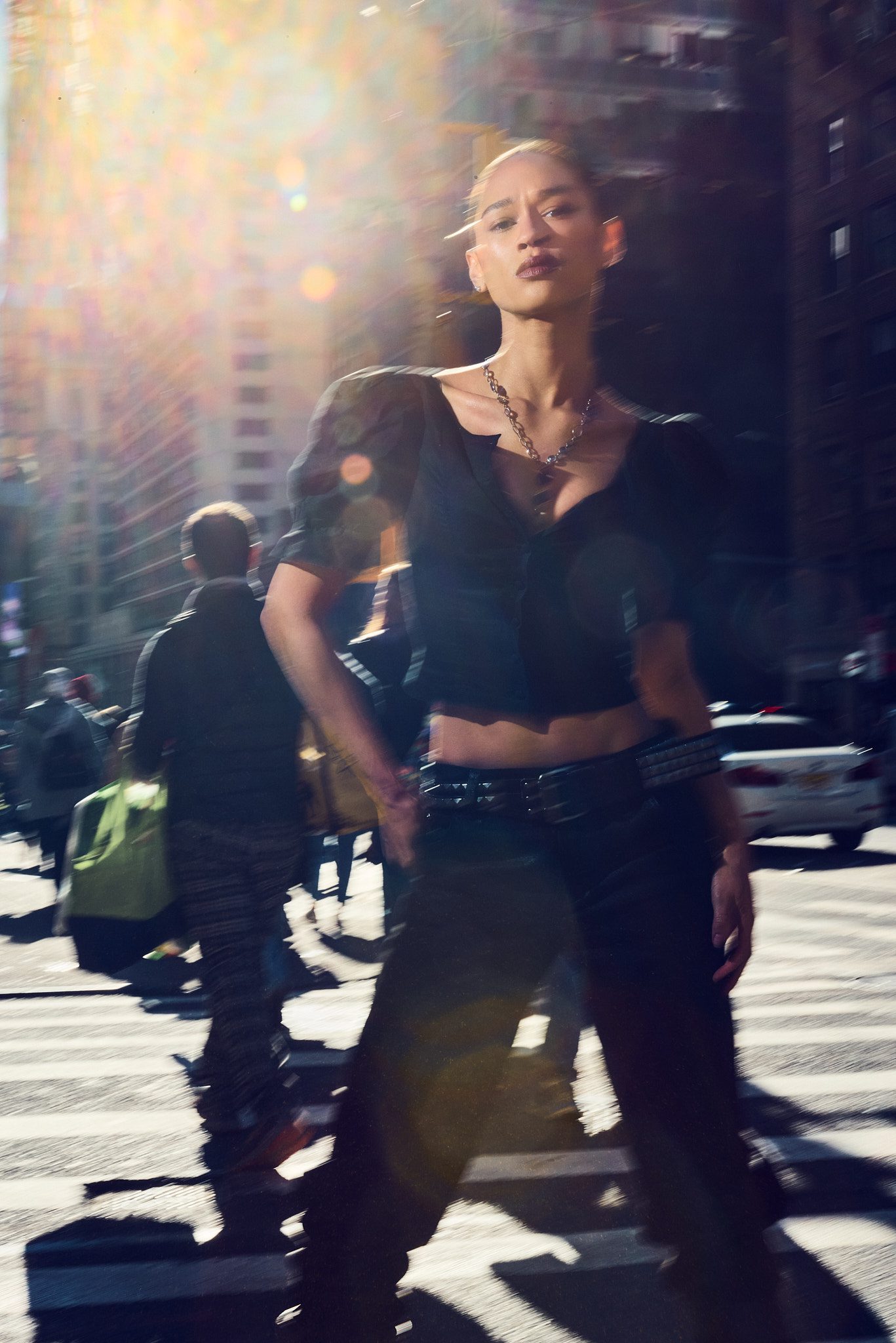 female model posing street sunlight city fashion photography