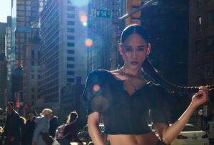 female model lens flare sunlight portrait street fashion editorial
